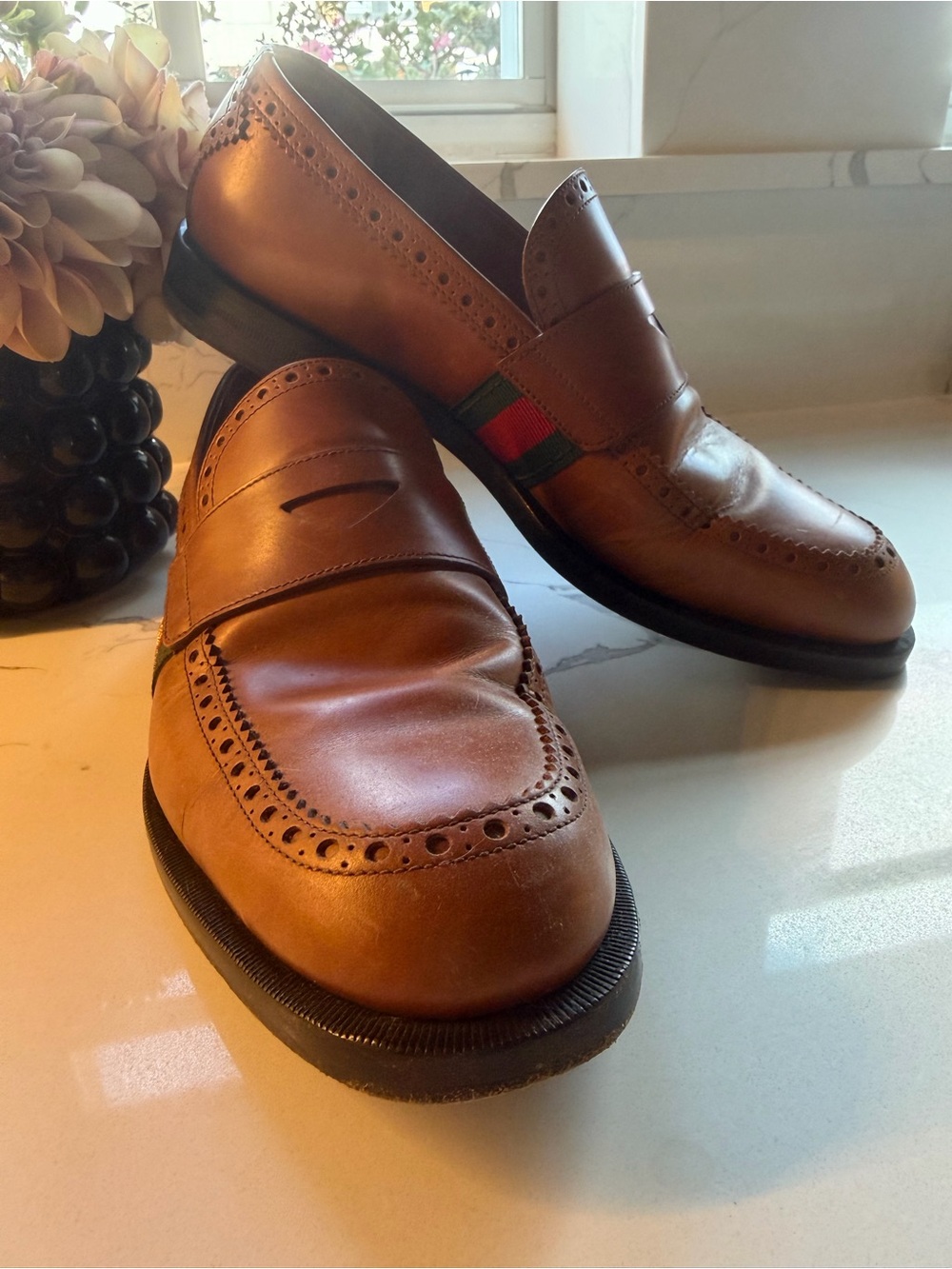 Gucci Brown Leather Brogue Penny Loafers with Web Stripe